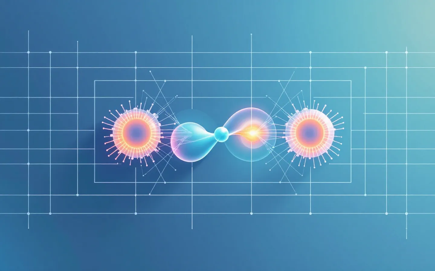 Abstract teal-cyan engineered peptide docking two receptor pockets at once with one orange active highlight on a cool-slate chemistry canvas